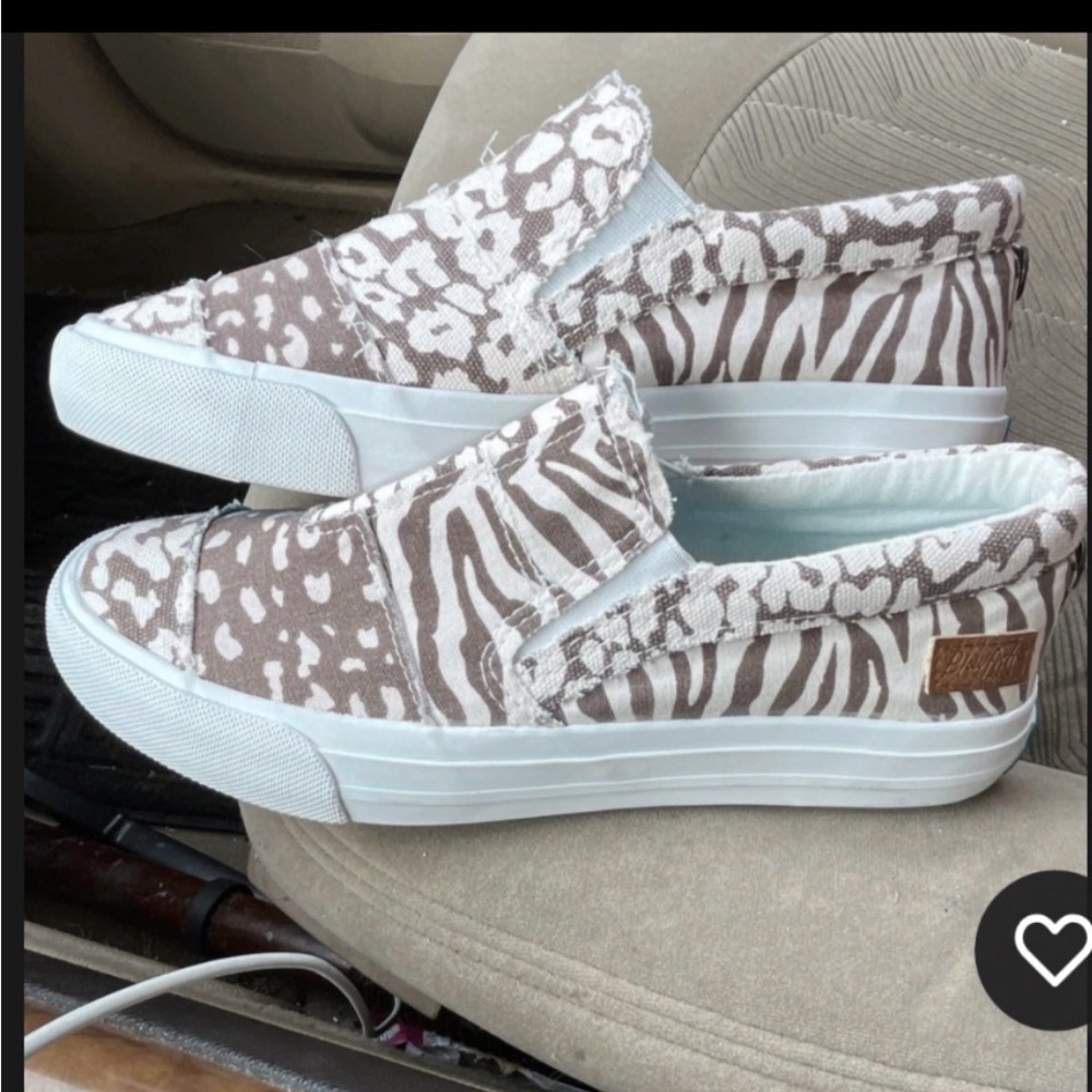 Malibu Blowfish women’s animal print canvas slip on sneakers brown and white.